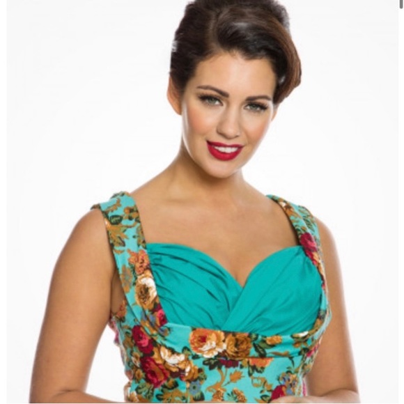 NWT Lindy Bop Ophelia Green Turquoise Garden Floral Party Swing Dress Sz Medium - Picture 3 of 17